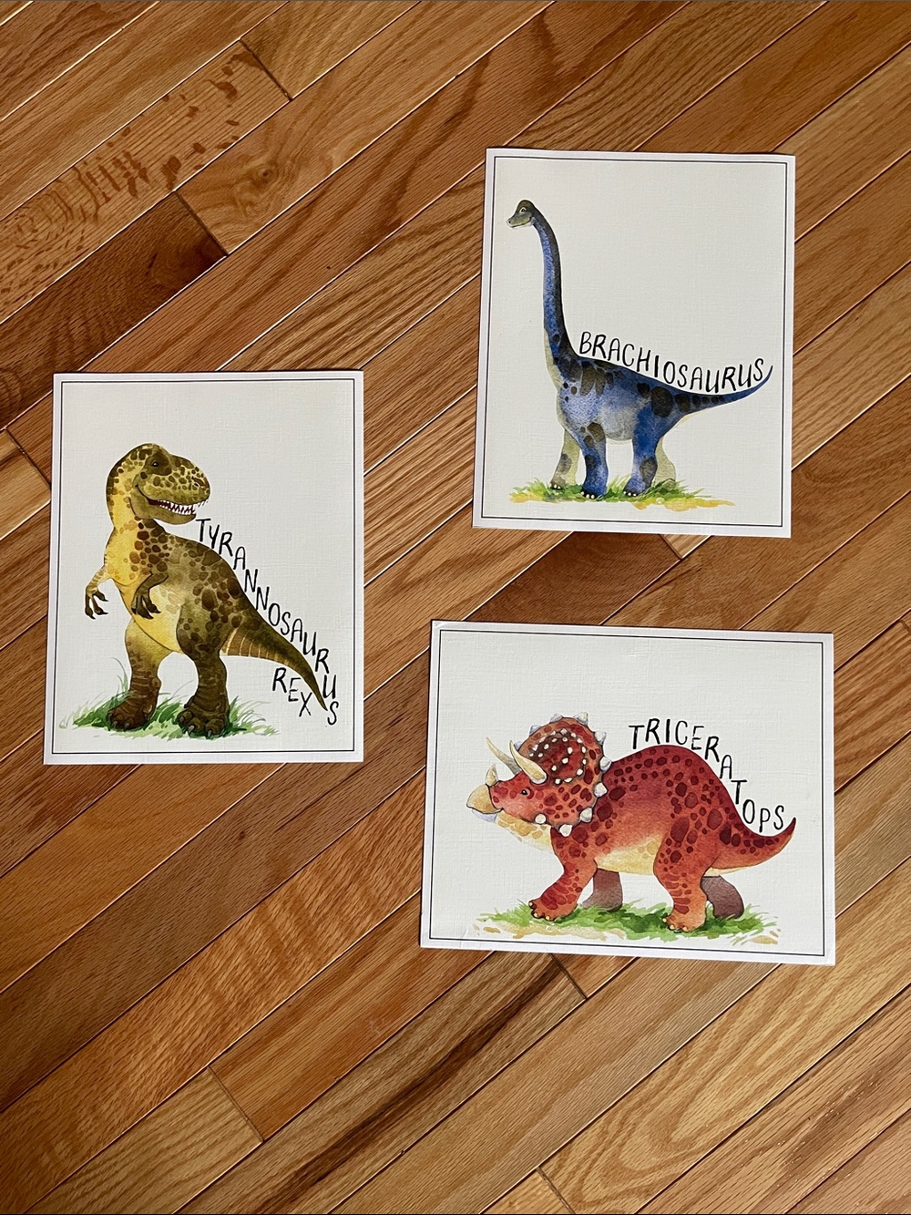 Set of 3 Watercolor Dinosaur Art Prints - T. Rex, Brachiosaurus, Triceratops